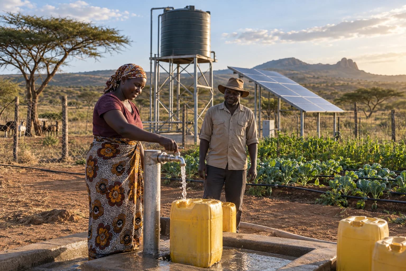 Illustrative community water point with a solar array and raised storage tank